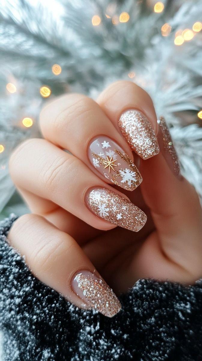 διάφανα νύχια-με-χρυσό γκλίτερ-και-χιονονιφάδες-ιδέες- διάφανα νύχια-με-χρυσό γκλίτερ-και-χιονονιφάδες-ιδέες-