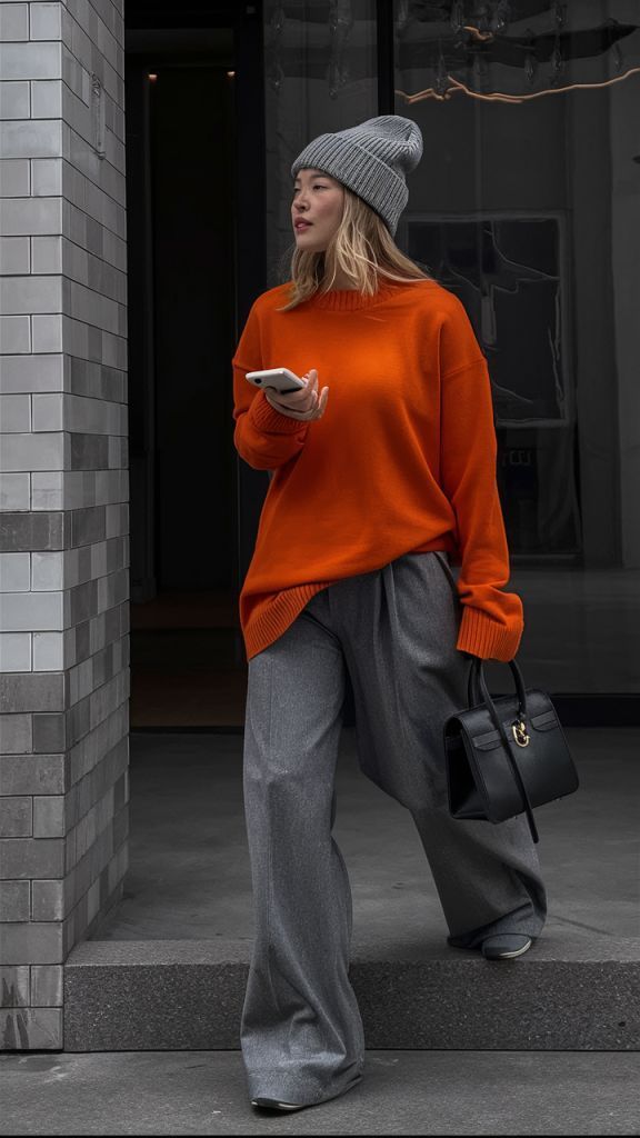 γκρι-παντελόνι-και-σκούφος-με-πορτοκαλί πουλόβερ-ιδέες-
