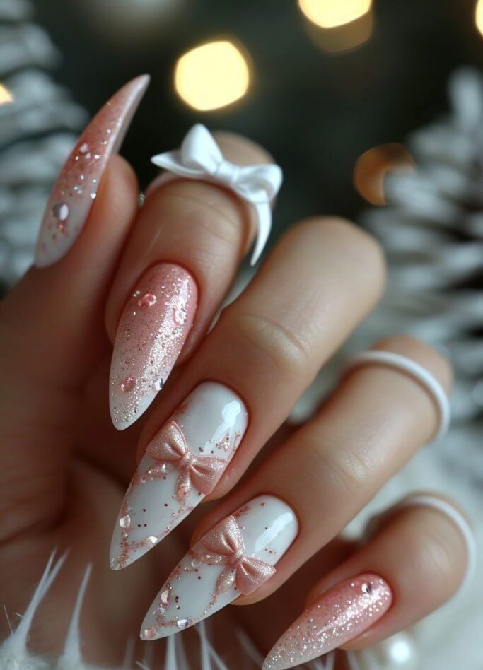 ροζ-νύχια-με-φιογκάκια-και-γκλίτερ-ιδέες-