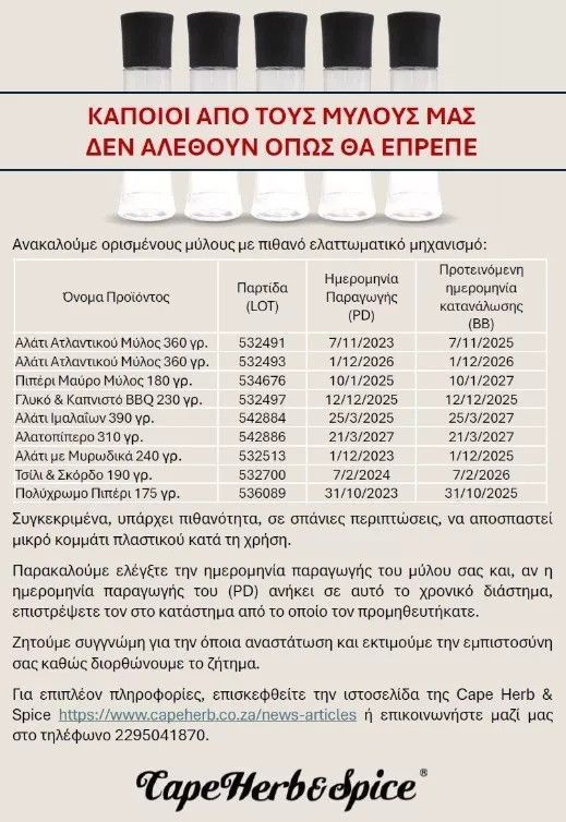 Ανακαλούνται πιπέρι αλάτι και άλλα μπαχαρικά (Λίστα)- Πιθανών να έχουν κομμάτια πλαστικού