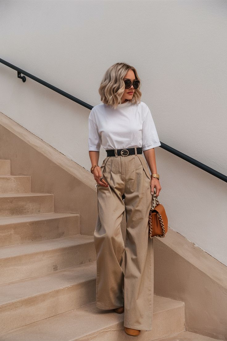 χακί-παντελόνι-με-λευκή μπλούζα-ιδέες-