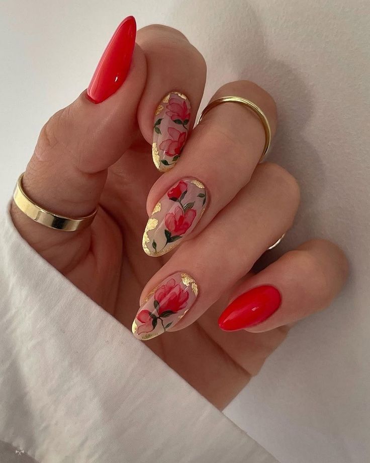 κόκκινα-νύχια-με-floral σχέδια-ιδέες-
