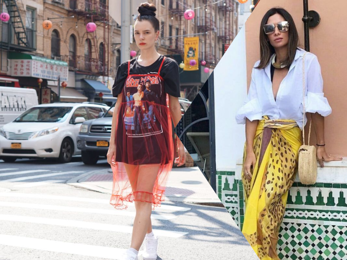 μαύρο-t-shirt-με-κόκκινο τούλι-και-πουκάμισο-με-φούστα-παρεό-