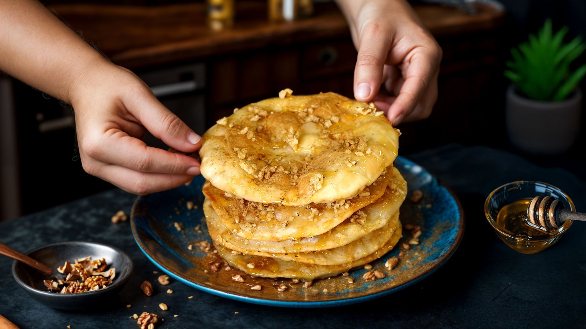 Αλευρόπιτες με μέλι και καρύδια για πρωινό