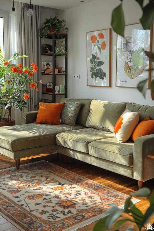 πράσινος-καναπές-με-πορτοκαλί-και-γκρι-μαξιλάρια- πράσινος-καναπές-με-πορτοκαλί-και-γκρι-μαξιλάρια-
