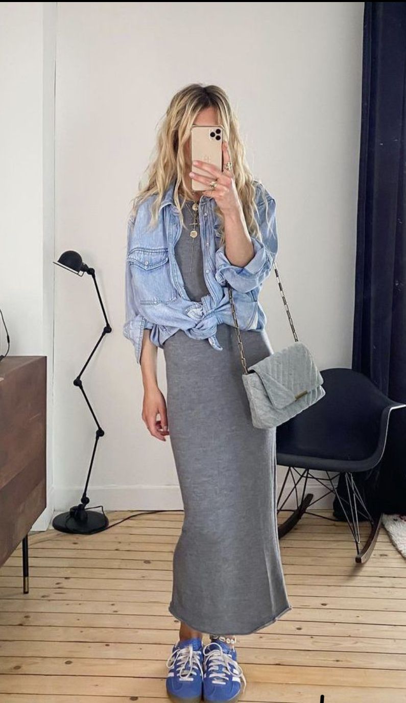 jean-jacket-με-γκρι-φόρεμα-