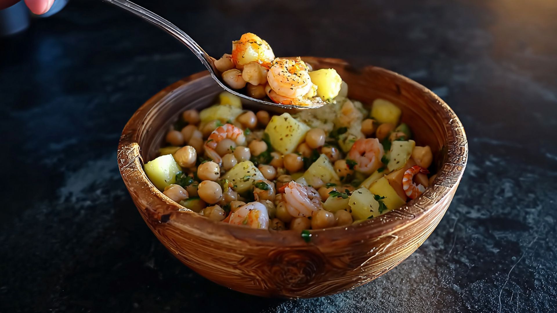 Πατατοσαλάτα με ρεβίθια και γαρίδες