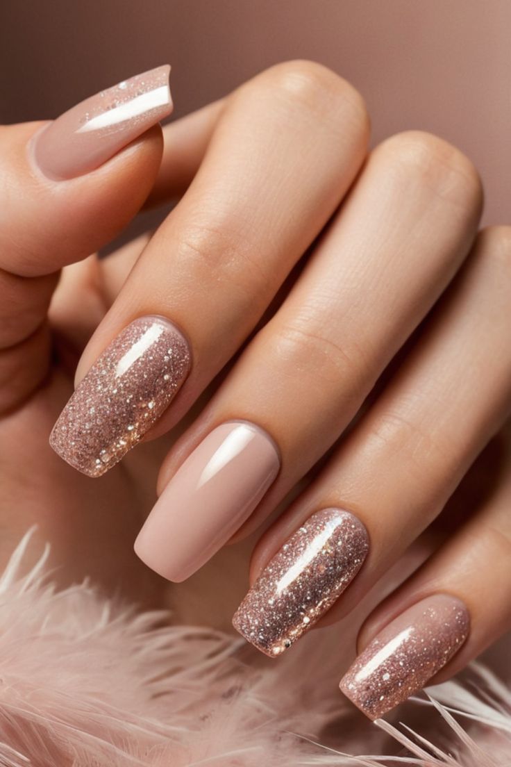 τετράγωνα νύχια-με-στρογγυλεμένες-άκρες-με-γκλίτερ-σε-nude-