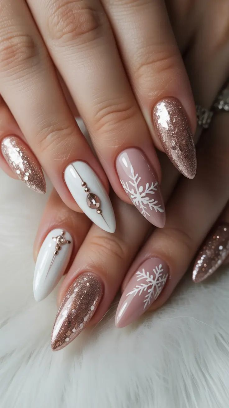 ροζ-χριστουγεννιάτικα νύχια-με-στρας-