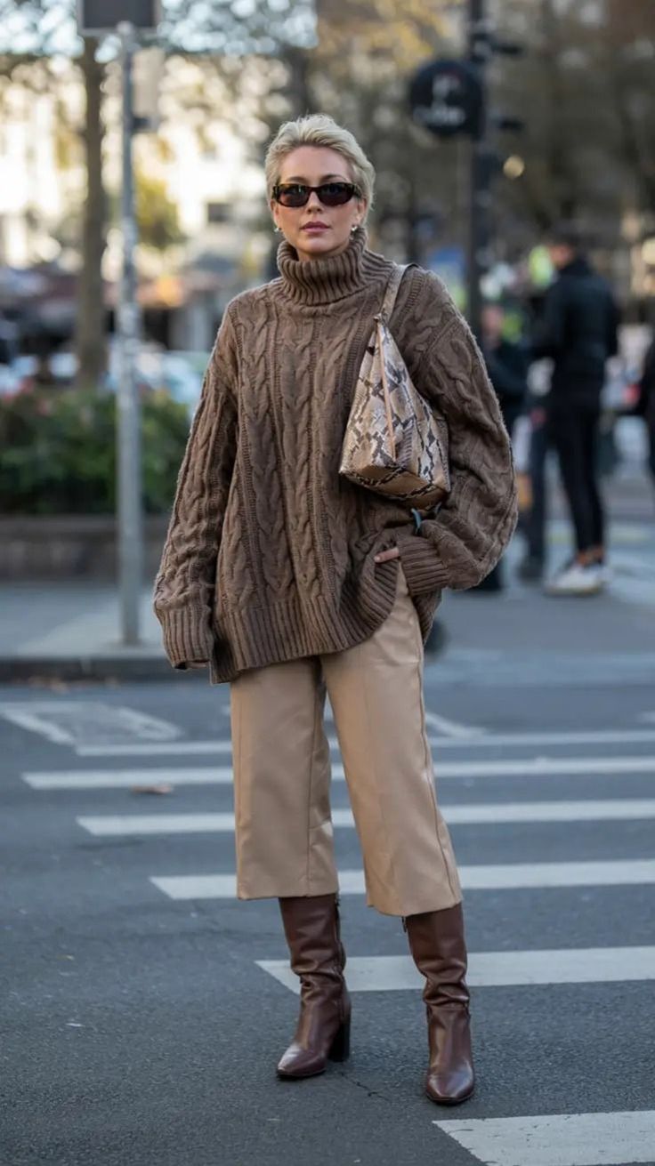 μπεζ-πουλόβερ-με-nude-παντελόνι-και-καφέ μπότες-
