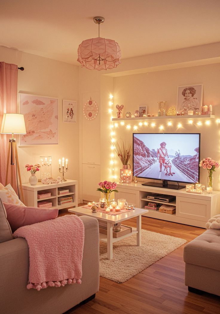 ροζ-διακόσμηση-στο-σαλόνι-με-φωτάκια led-