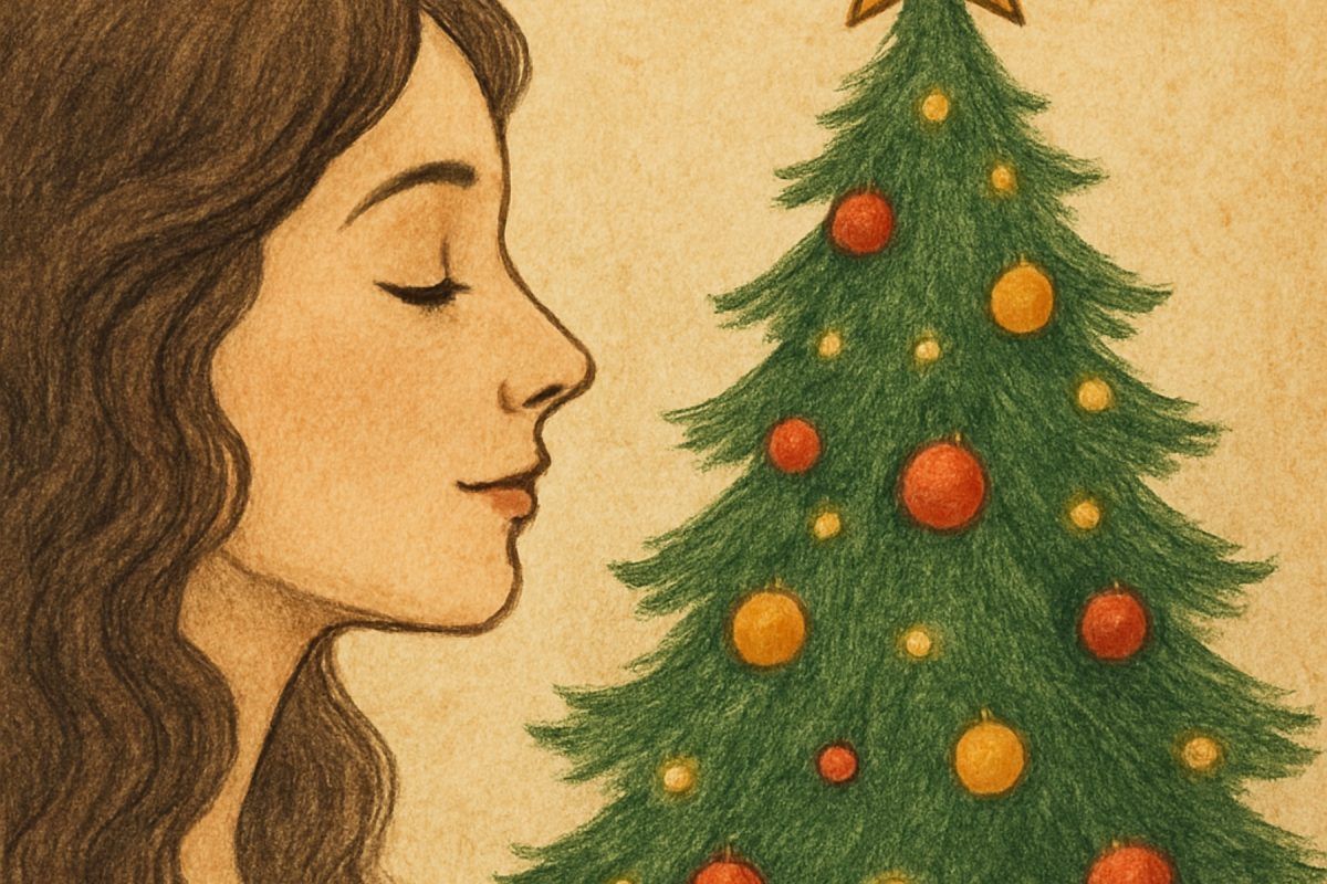 χριστουγεννιάτικα εικόνα-σαν-ζωγραφιά-με-δέντρο-και-γυναικεία-φιγούρα-