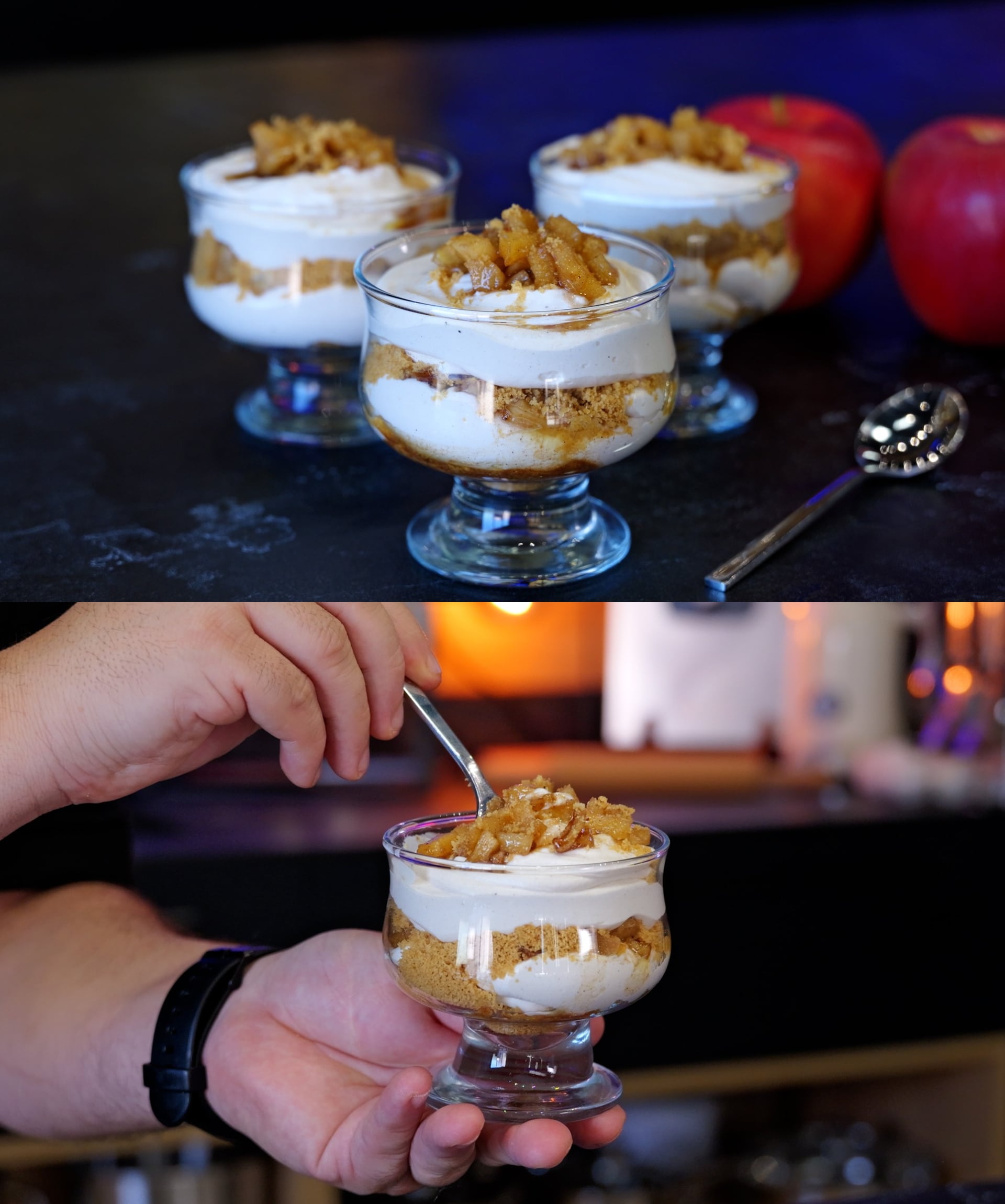 Ατομικά γλυκά στο ποτήρι με σαντιγί και μήλο