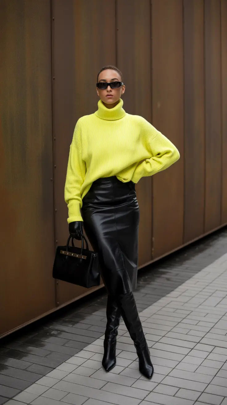κίτρινο πουλόβερ-με-δερμάτινη-μάξι φούστα-και-over the knee-μπότες-