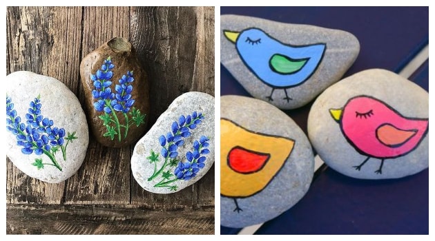 βαμμένα-βότσαλα-πουλιά-φυτά