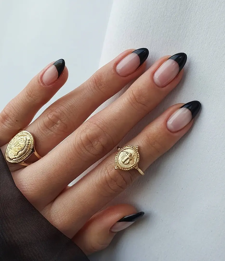 almond black french tip nails webp